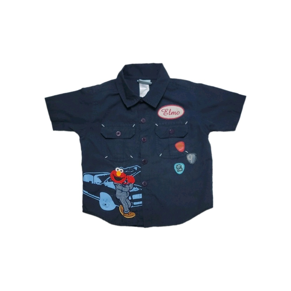 VTG Sesame Street by Nanette Elmo Toddler Button-Up Work Shirt Navy Blue 18M